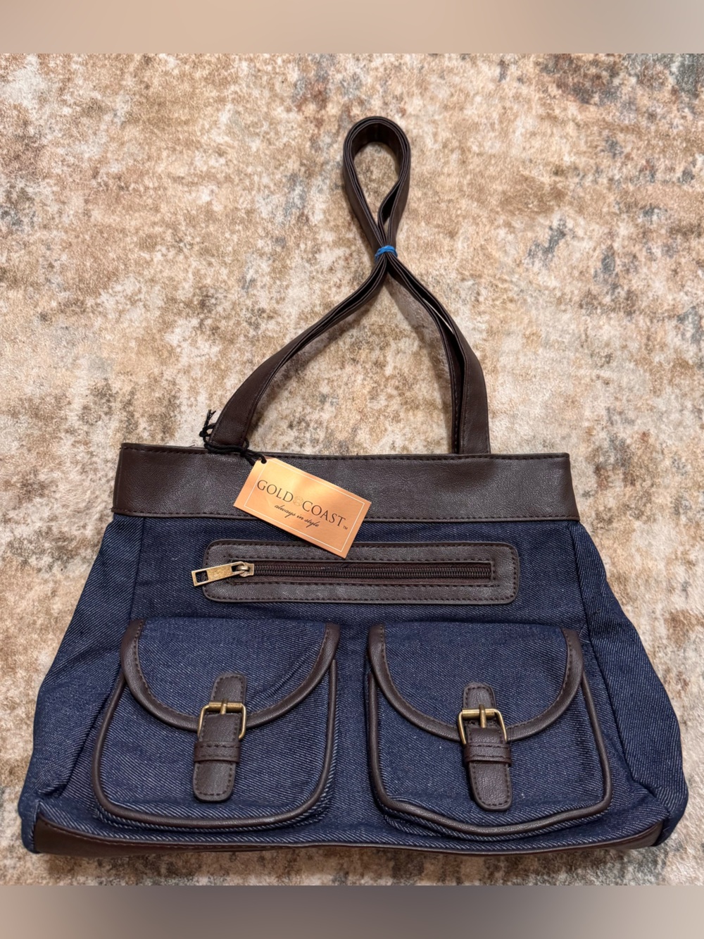 Gold Coast Denim & Brown Leather Pocket Shoulder Bag -Western wear/ McBling/Boho